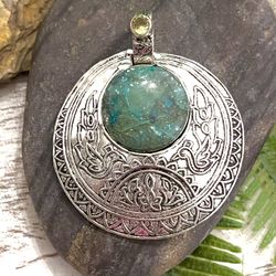 Azurite & Citrine Gemstone 2.2” Round Medallion Silver Pendant