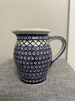 Bolesławiec Polish Pottery Pitcher – Handmade in Poland – Blue & White Stoneware
