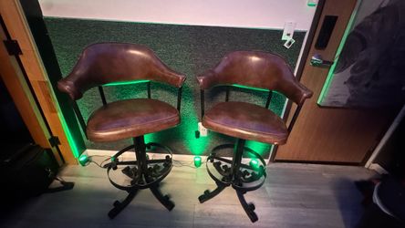 Pair of Heavy Industrial Swivel Barstools – Sturdy Iron Bases