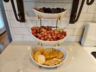 3-Tier Ceramic Fruit Basket, Gold Metal Stand