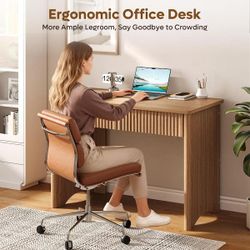 Desk, 39.37 in. Brown Fluted Writing Desk with 2-Storage Drawers, Modern Small Computer Desk for Home Office Bedroom