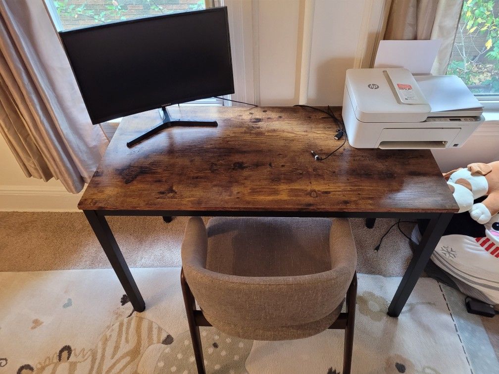 Complete Workstation: Desk, Chair, Curved Monitor & HP Printer