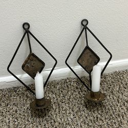 Two Black/Bronze Rustic Diamond Metal Candlestick Wall Sconces Candle Holders Includes Candlesticks