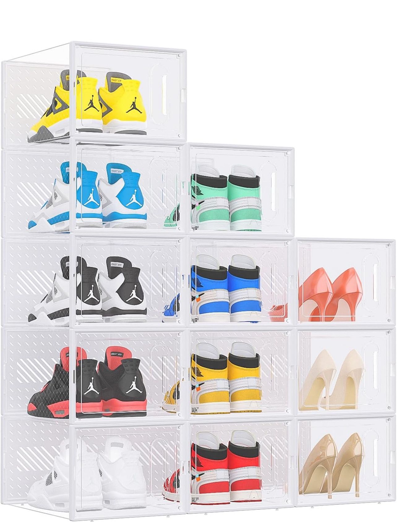 eWonLife Large Shoe Organizer Storage Box with Magnetic Door,12 Pack Clear Plastic Stackable Sneaker Containers for Closet, Connect Left and Right Sho