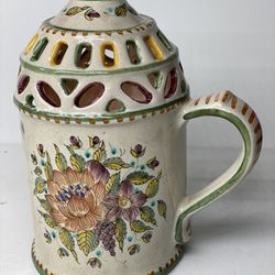 Gorgeous Rare Vintage Hand Painted Italian Majolica Reticulated Conical Lantern Candle Holder with Handle Polychrome Floral and Foliate Motif.  19th C