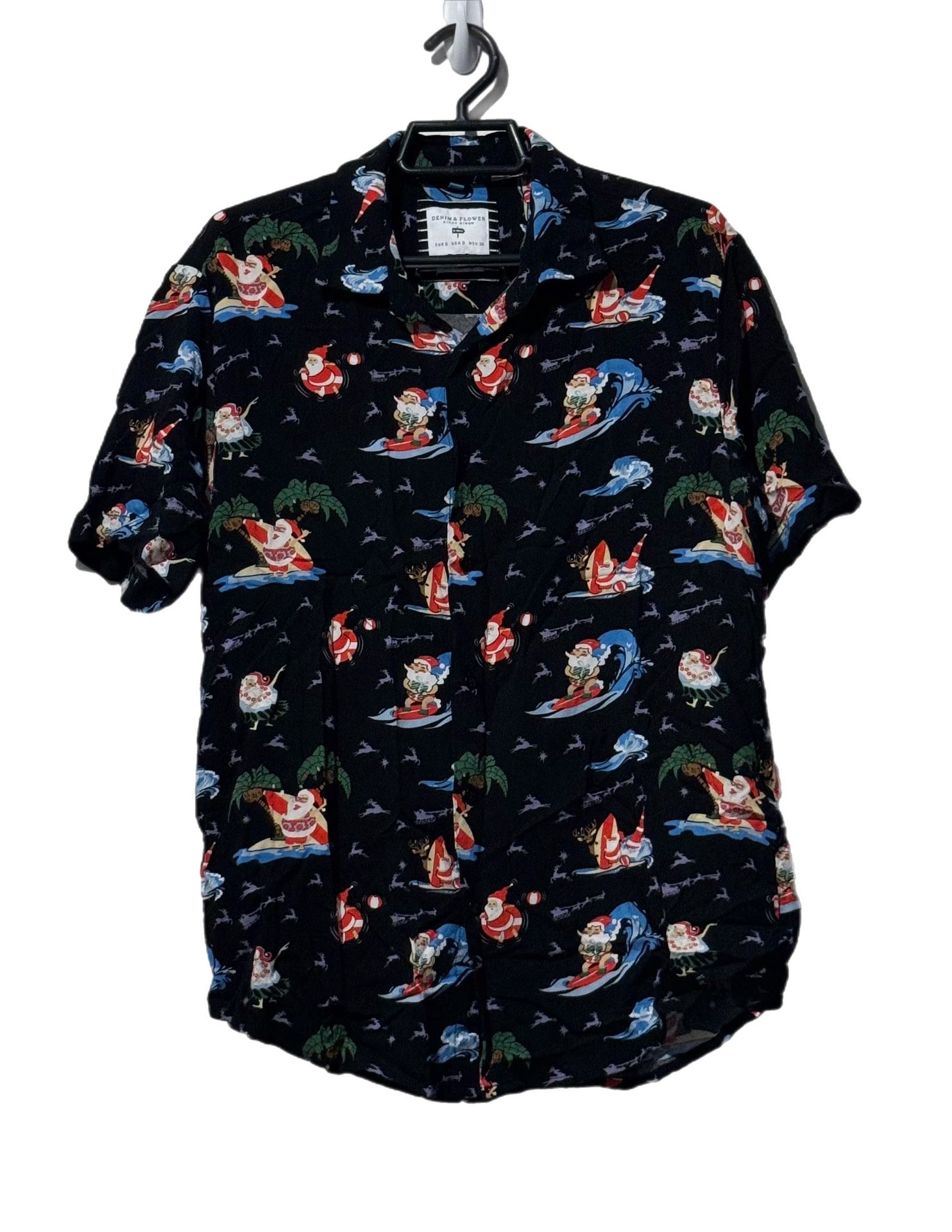Denim & Flowers (IC) Ricky Singh Men’s Xmas Surfing Santa Shirt Sz S Novelty EUC
