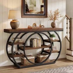 Turrella 47.24 in. Brown Rectangle Wood Console Table with 5-Tier Shelf, Industrial Entryway Table Sofa Table