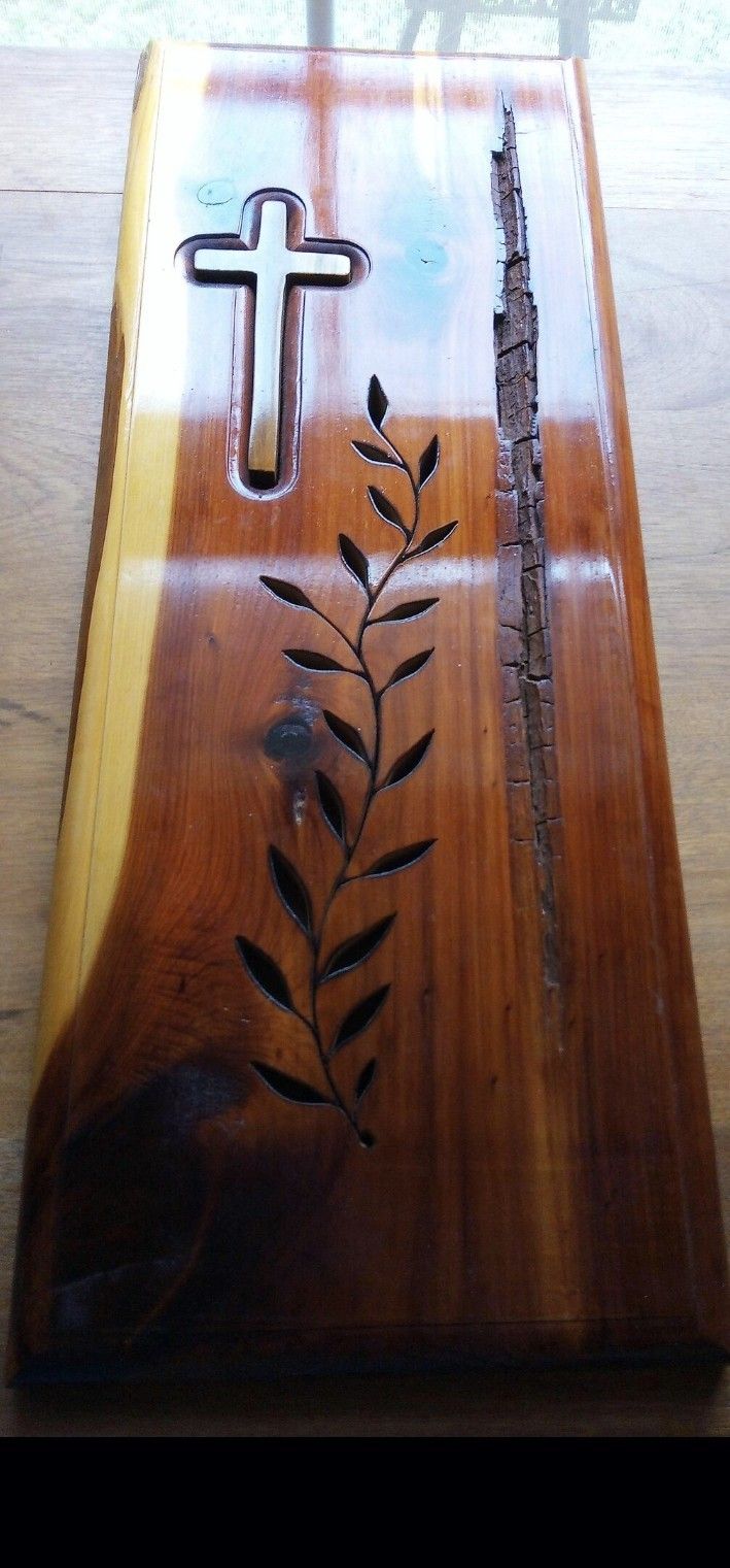 Cedar wood Wall Art. Cross And Leaf Design