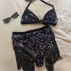 Black velvet Sequin glittery sparkle two piece set festival / Coachella outfit