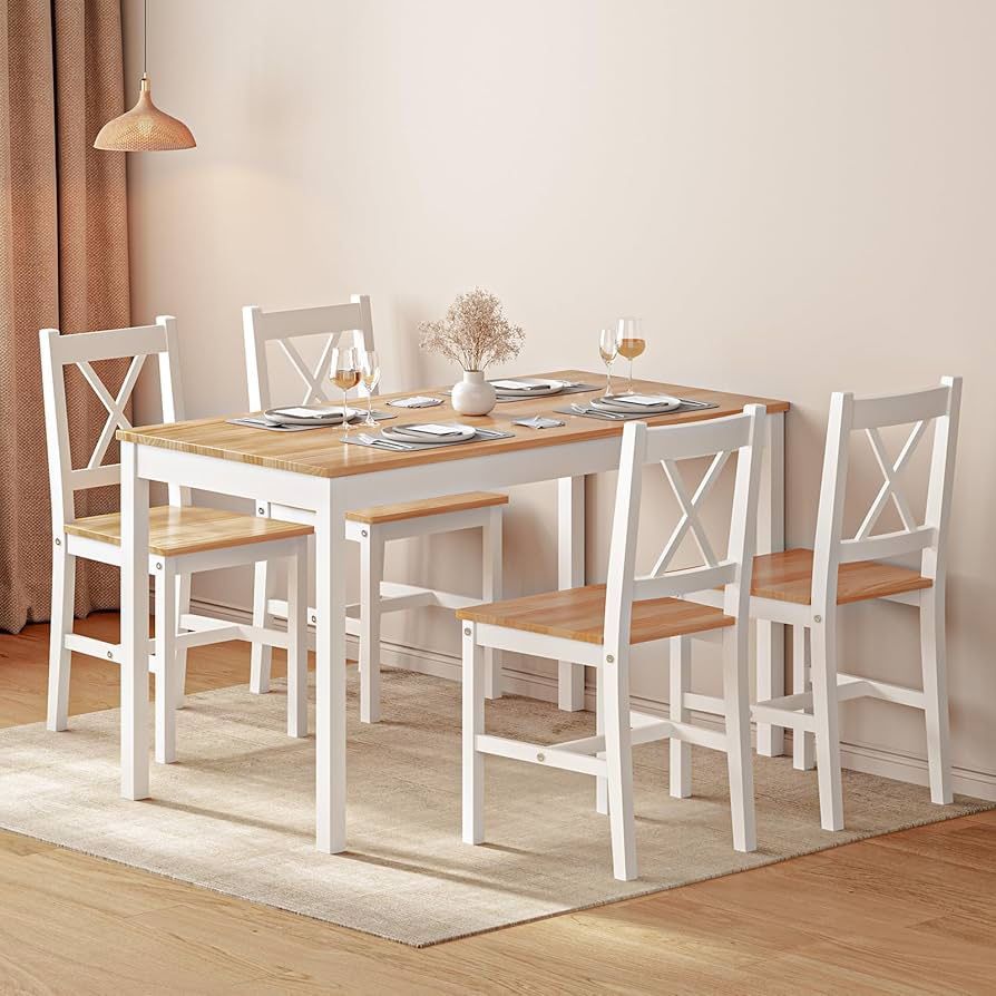 SogesHome 5-Pieces Dining Table Set, Kitchen Table and 4 Chairs for Home, Kitchen Dining Room Table Set for Home, Restaurant, Oak&White