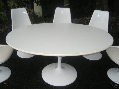 White Round Formica Mid-Century Dining Table (6 ft) includes custom-made Lazy Susan