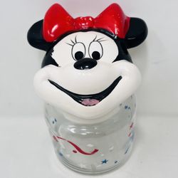 Disney Minnie Mouse Anchor Hocking Glass Candy Jar Canister Ceramic Lid VTG 1970