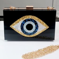 Gold black eye eye-design evening clutch bag with crossbody chain strap Womens gift new
