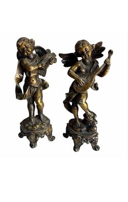 Vintage Pair Musical Cherub Angel Figurines Bronze Tone Metal 6” Putti Statues