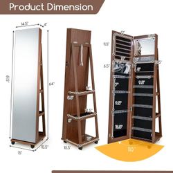 🥨 Jewelry Cabinet with Full Length Mirror, Lockable Jewelry Storage Organizer with Wheels, 3-Color LED Lights, Inner Mirror