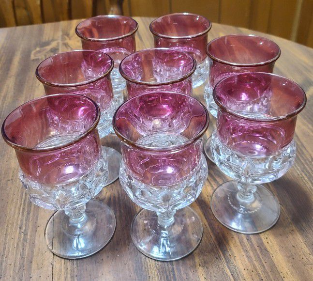RUBY RED FLASHED THUMBRINT WINE GLASSES 3-5/8"
( SET OF 8 )  VINTAGE TIFFIN KINGS
CROWN