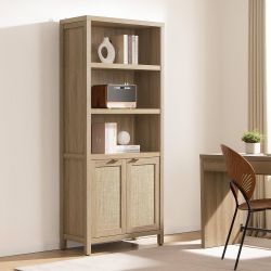 Bookcase 71" Tall Bookshelf 5 Tier Rattan Boho Bookcase with Doors Storage Large Book Case Shelf Farmhouse Bookshelves Library Book Shelves