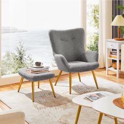 Gray Sherpa Accent Chair With Ottoman 613775