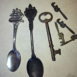 Souvenir Spoons, Skeleton Key And Miniature Wrenches 