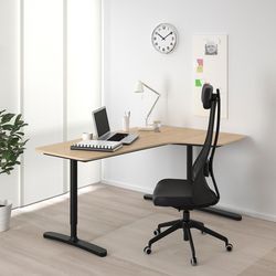 Brand New Bekant Corner Desk Office Table- Right, white stained oak veneer table top, black Legs