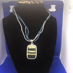 Vintage Glass Pendant Multi Strand Blue And Silver Seeds Beads Adjustable Necklace 