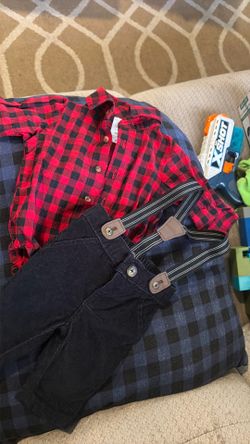 Baby Flannel Shirt and Suspender Pants Set