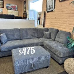 Beautiful 3-Pc Corduroy Sectional Sofa W/Storage Ottoman & USB Port