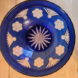 Cobalt Blue Czech Glass Bowl Cut to Clear Art Bohemian Vintage