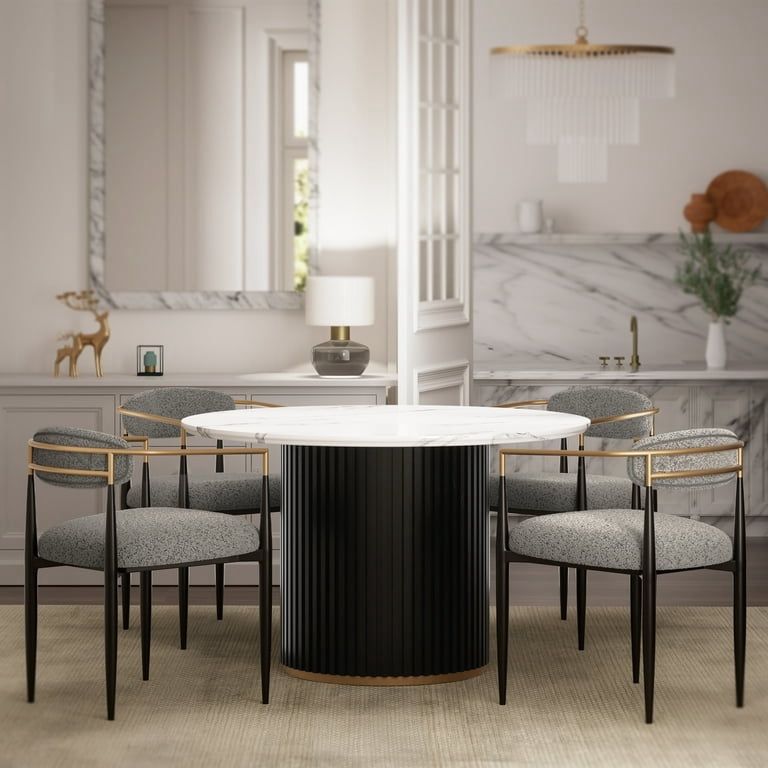 5pieces Round Dining Table with 4 Boucle Grey Chairs Set, 47" Faux Marble Top with Iron Fluted Base, Upholstered Dining Armchairs for Kitchen, Dining