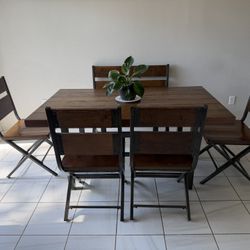 Wood+Metal Dining Set for 5 6 – Table, 4 Chairs & Double Bench (Rustic Modern Style)