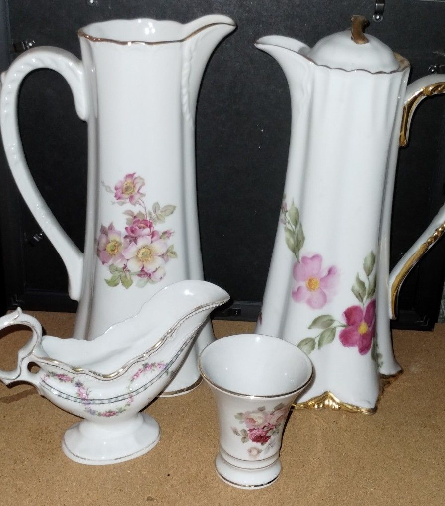 Gravy Boat- Victoria Austria floral design2 Tall Floral Porcelain Pitcher With Gold Trim, Small Trumpet Vase & Gravy Boat Sale Bundle! 