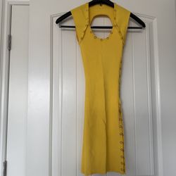 Mustard Yellow Ribbed Snap-Detail Midi Dress – Cutout Back – Worn Once - Size Small