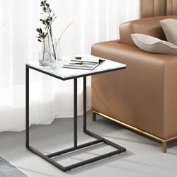 White Faux Marble Side Table: Modern C Shaped End Table Sofa Coffee Snack Accent Laptop Table with Black Metal Frame Sintered Stone Table Top B