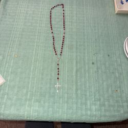 Red iridescent Bead Rosary Necklace with Silver Cross