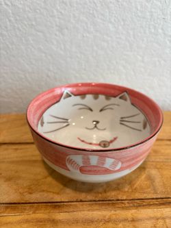 Kafun Japanese Pink Porcelain Cat Bowl Maneki Neko Lucky Smiling Kitty Dish Mino-Yaki