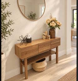 Narrow Side Table, Wood Long Sofa Console Table, Entryway Accent Table with 3 Drawers Storage