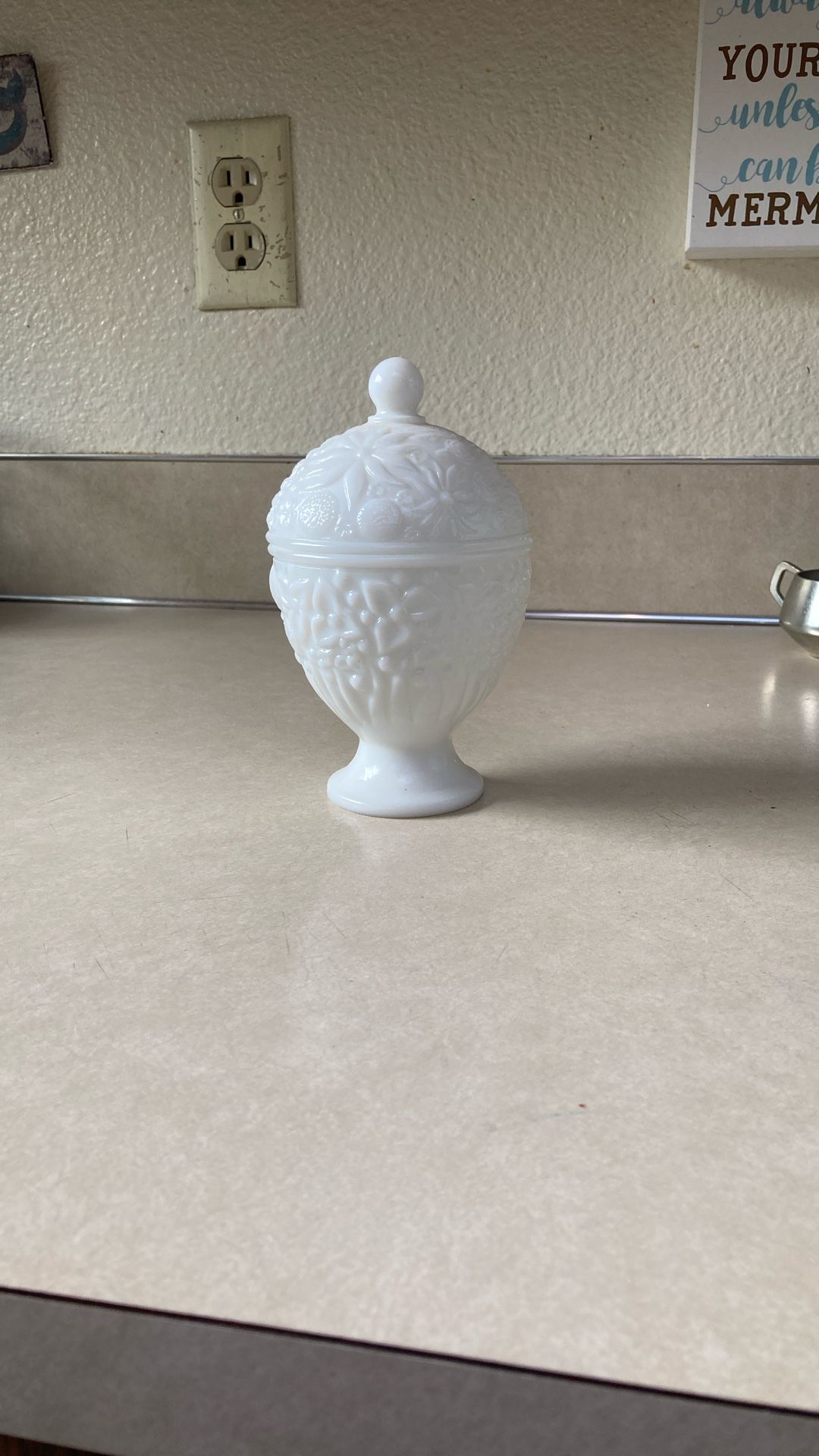 Floral milk, glass candy jar