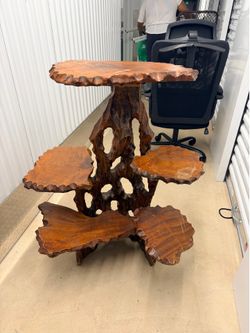 Vintage Hand-Carved Live Edge Wood Multi-Tier Plant Stand