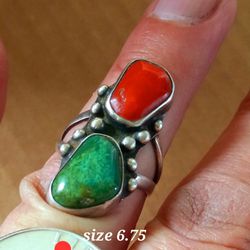 $50! Awesome 925 Sterling Silver Green Turquoise Coral Ring Size 6.75