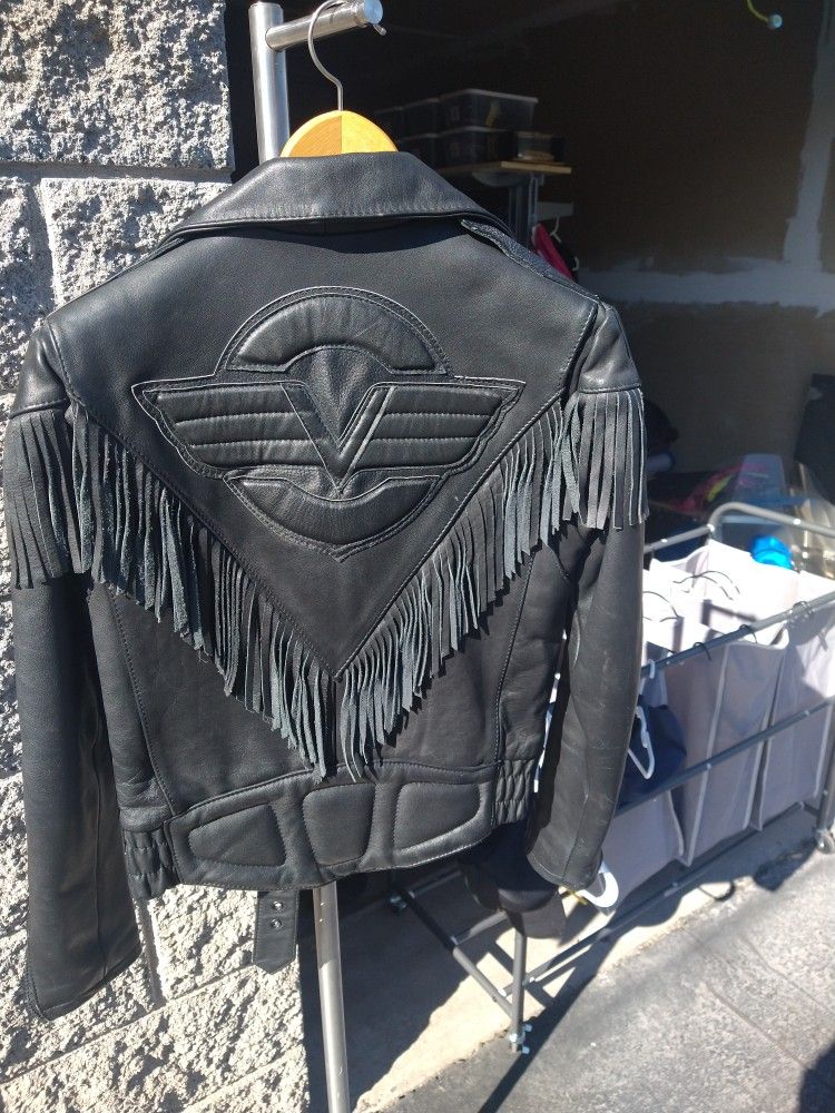 Victory Motorcycle Leather Womens Fringe Jacket. Size 32