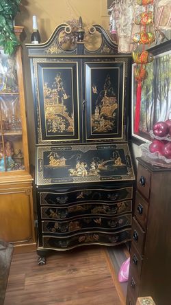 Black Lacquer Chinoiserie Secretary Desk Cabinet