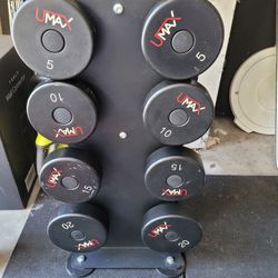 UMAX Dumbbells (2x5Lbs,2x10Lbs,2x15Lbs,2x20Lbs,2x30Lbs) and RACK for $240 Firm (Walnut 91789)