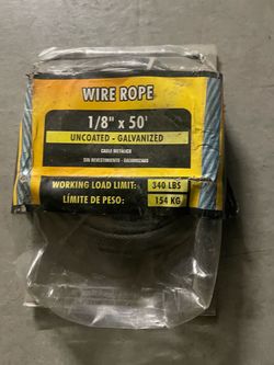 Wire Rope 50-foot roll of 1/8-inch uncoated, galvanized steel wire rope featuring a working load limit of 340 lbs (154 kg).