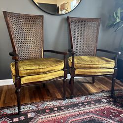 Two Antique Cane Back Arm Chairs Green Velvet Cushions