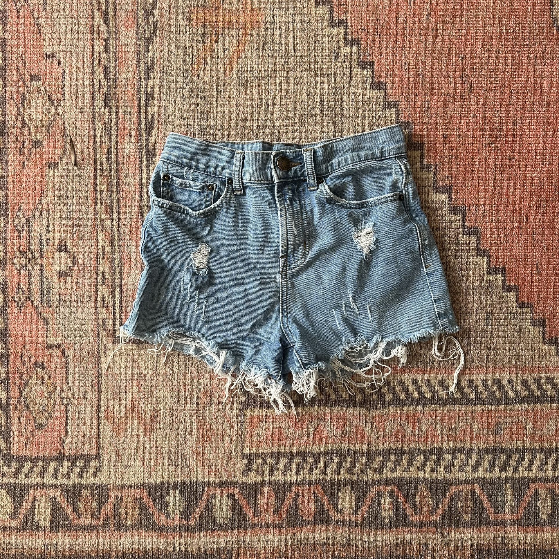 BDG Mid-Wash Blue Distressed High-Waisted Denim Shorts