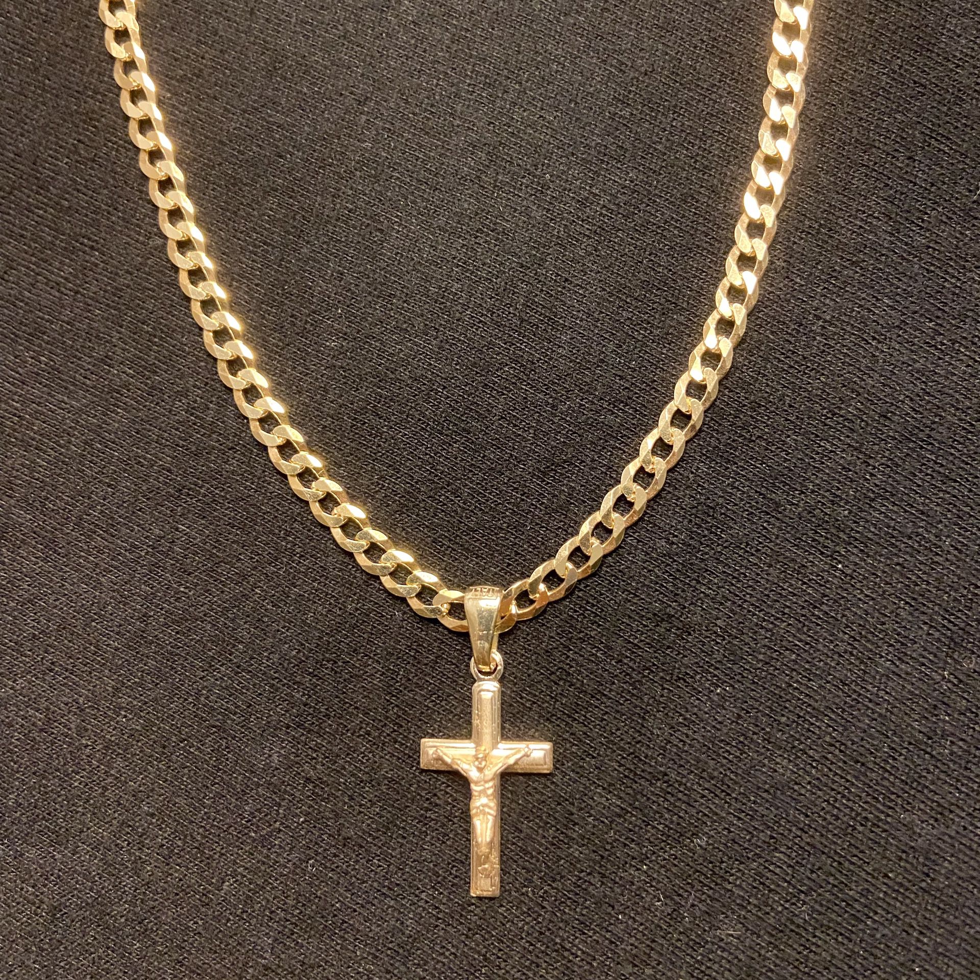 Gold Chain Cuban 20in 4mm And Gold Cross Pendant Set 
