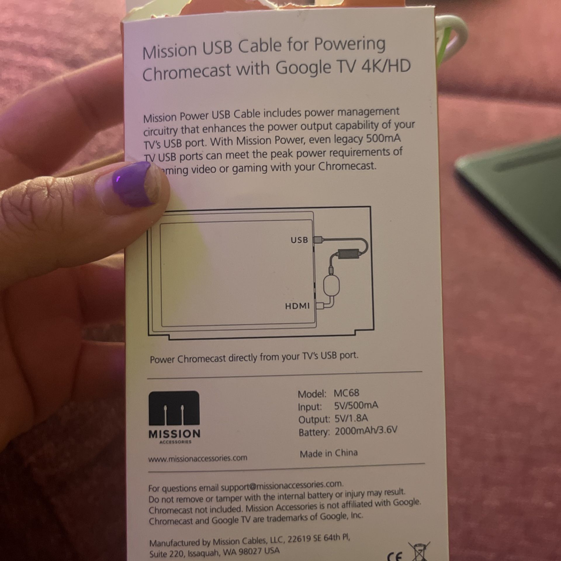 Mission USB Cable For Chromecast 