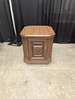 Vintage Hexagonal Wood End Table with Carved Door