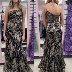 New With Tags Black With Gold Glitter One Shoulder Long Formal Dress & Prom Dress $199