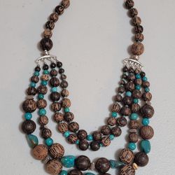 Sterling silver SX Sally Pakitan (old palm wood) beads & turquoise necklace 18"